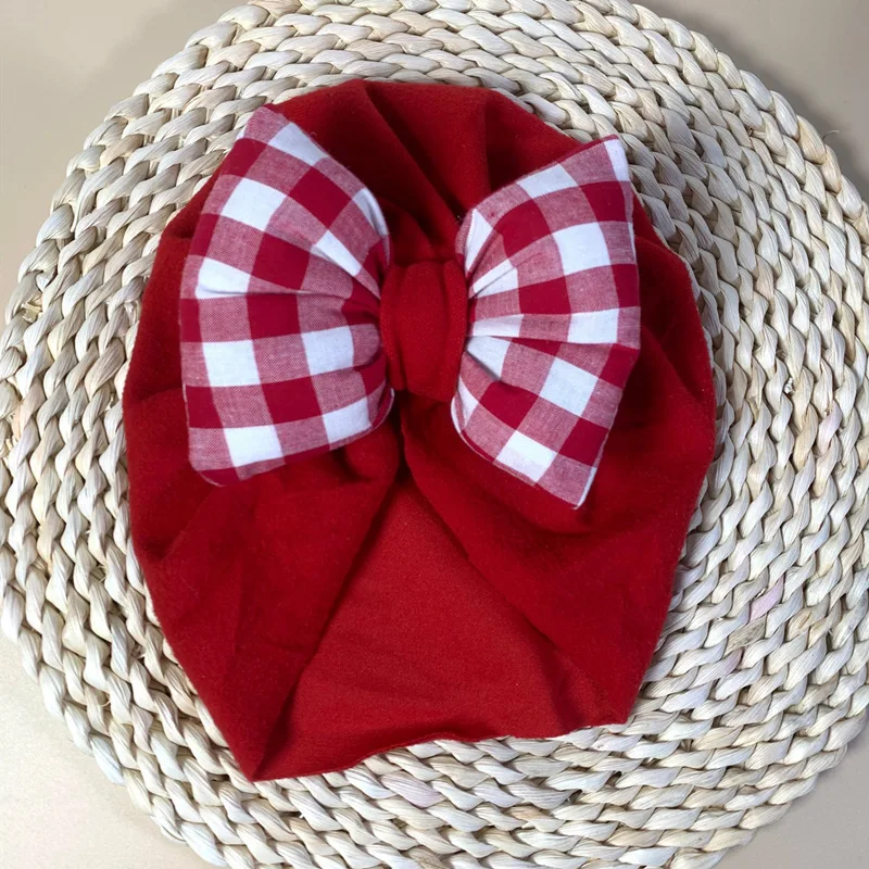 Gorro Fetal a cuadros para bebés y niñas, gorro de cabeza de cúpula con lazo grande, turbante indio a juego, accesorios