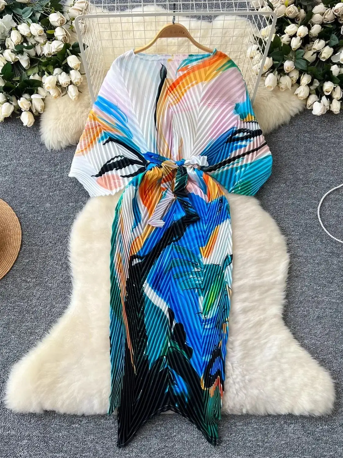 Miyake Mode druck drapiert Plissee Kleid Frauen Fledermaus Ärmel unregelmäßige Bandage Schnürung High Stretch lose Party Vestidos