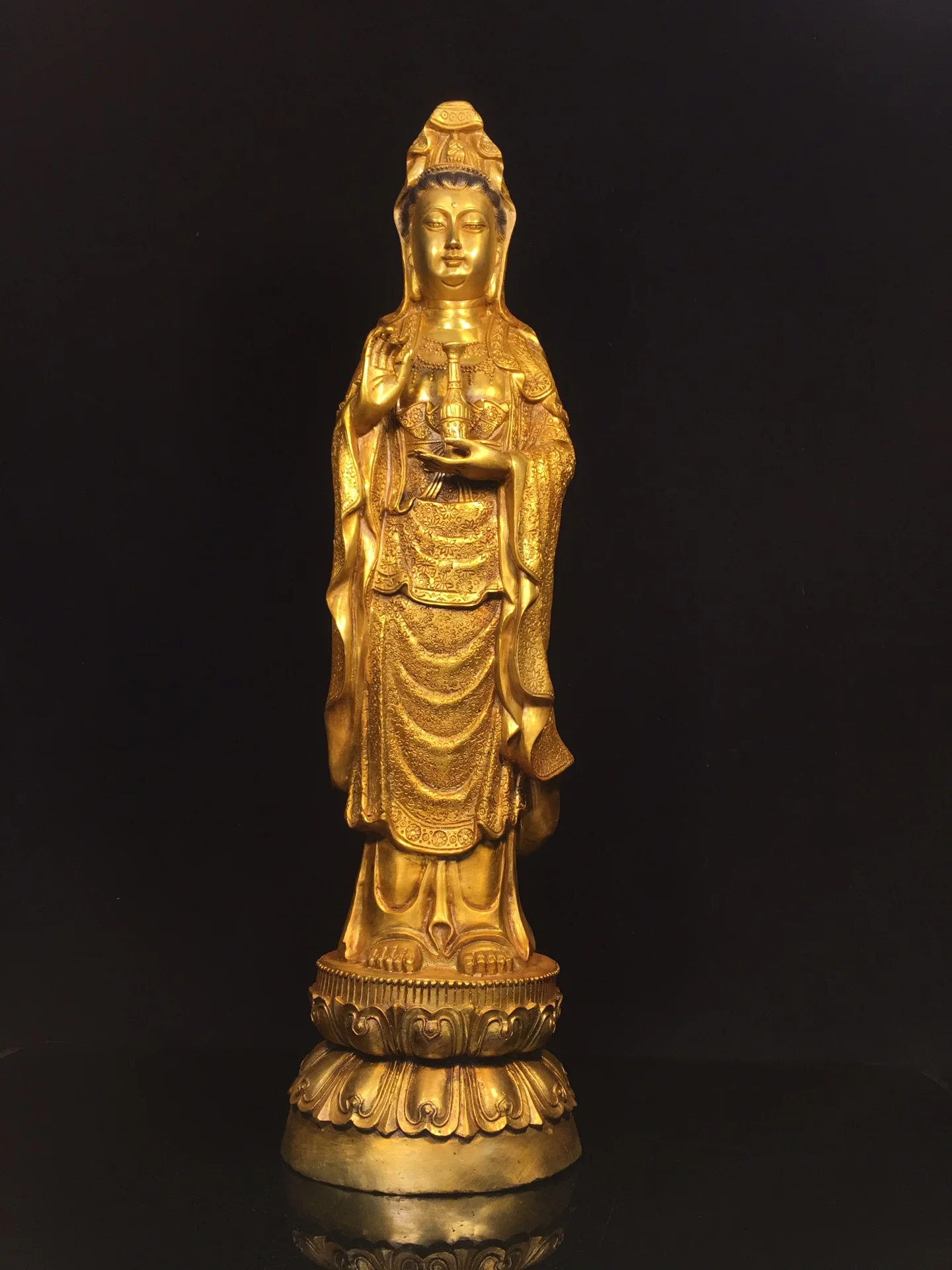 

24"Tibetan Temple Collection Old Bronze Gilded Cinnabar Guanyin Bodhisattva Standing Buddha Lotus Terrace Worship Hall