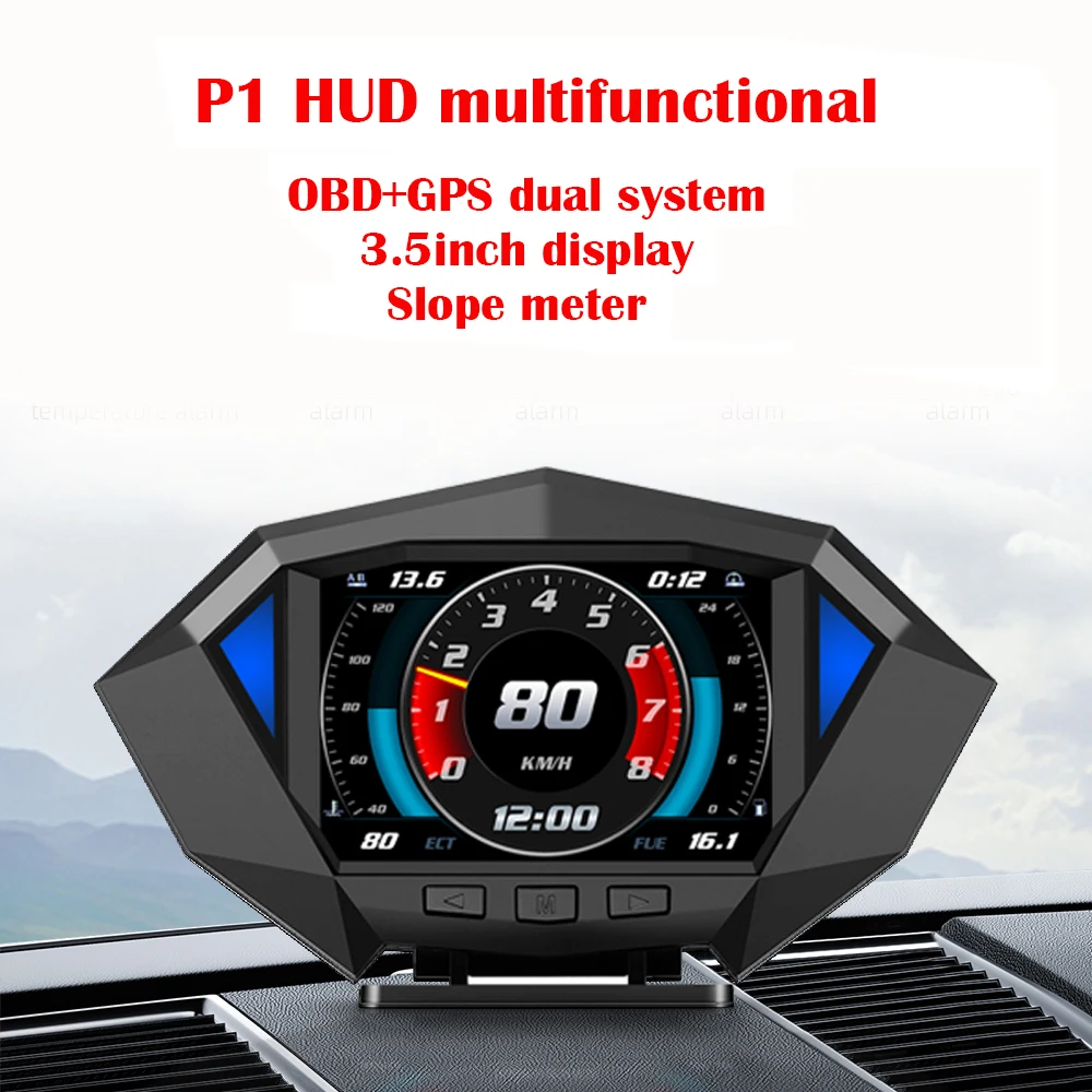 

P1 HUD Измеритель наклона OBD2 GPS Двойная система Проекционный дисплей Клинометр Детектор окружающего освещения 12 стилей Интерфейс Смарт-компьютер