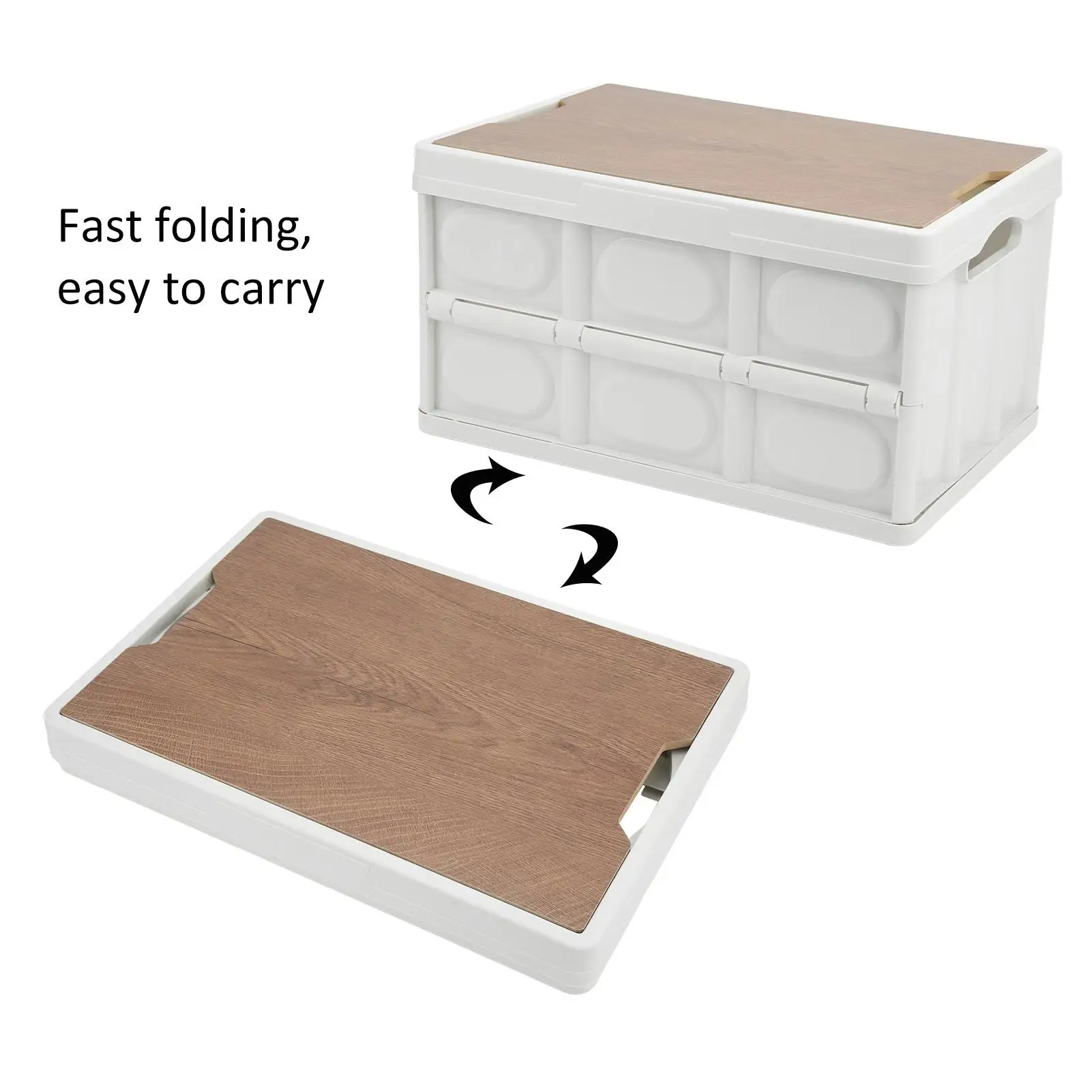 30 لتر لصندوق تخزين قابل للطي متعدد الوظائف للاستخدام الخارجي، حاوية تخزين محمولة قابلة للإزالة مع سطح خشبي للاستخدام الخارجي باللون الأبيض