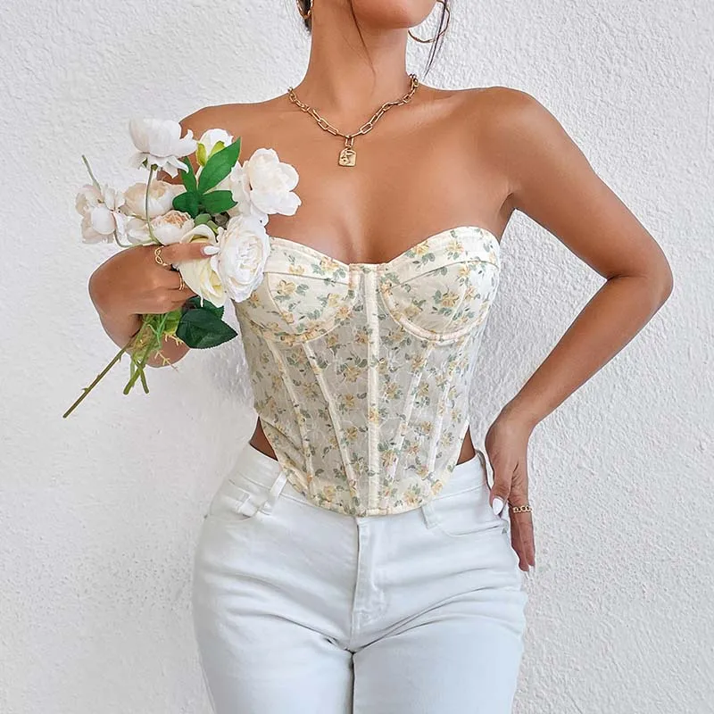 

Sexy Lace Fishbone Bra Top Women's Clothing Inner Wear Vintage Print Mesh Tank Sleeveless Camis Vest Tees 2024 Summer New