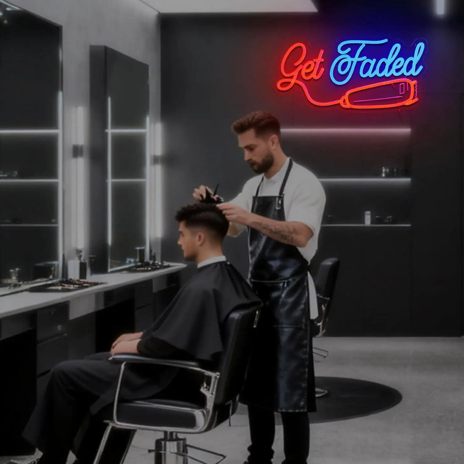 Barber Shop Themed Neon Sign Dimmable LED Light with Get Faded Design for Hair Salon Barbershop Business Store Studio Wall Decor