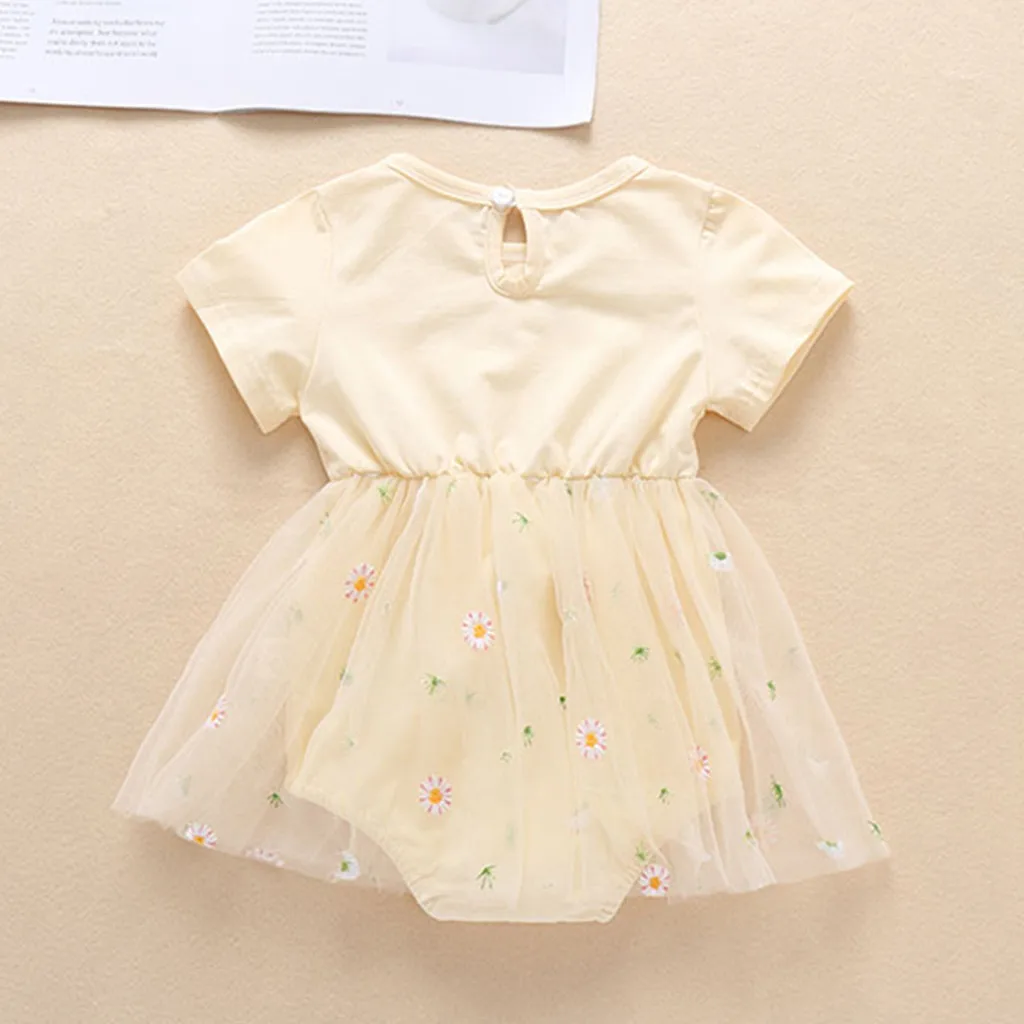 Newborn Infant Baby Girls Floral Ruched Tulle Romper Dress Summer Short Sleeve Bodysuit New Born Baby Girl For 3M-6M-12M-18M-24M