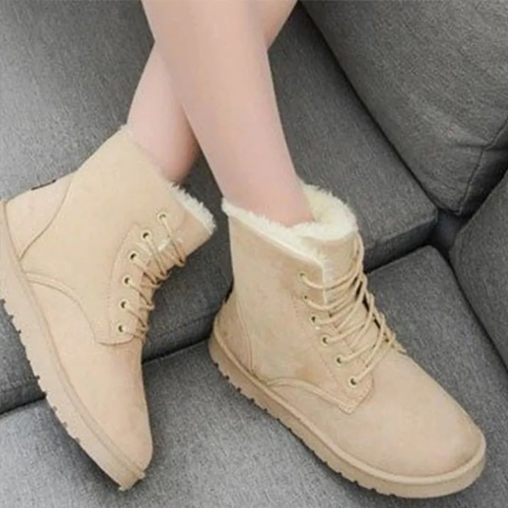 

Smile Pop Winter New Flat Snow Boots Comfortable Warm Velvet Plush Cotton Shoes Round Toe Snow Boots Lace-up Short Boots Women