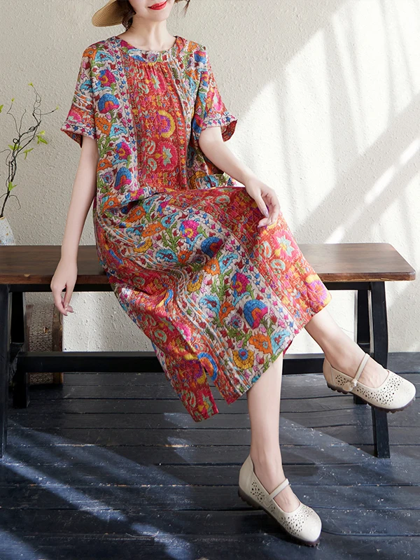 Vestido solto de linho de aodão estampado casual manga curta vestido f verão e em torno do pescoço emaecime...