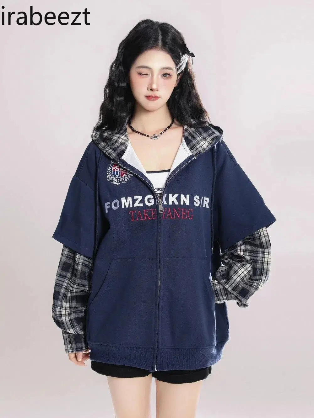 Embroidery Fake Two Plaid Cardigan Hoodie Women Spring and Autumn New Niche Coat Top Women Clothing  LOOSE FIT Sweatshirt