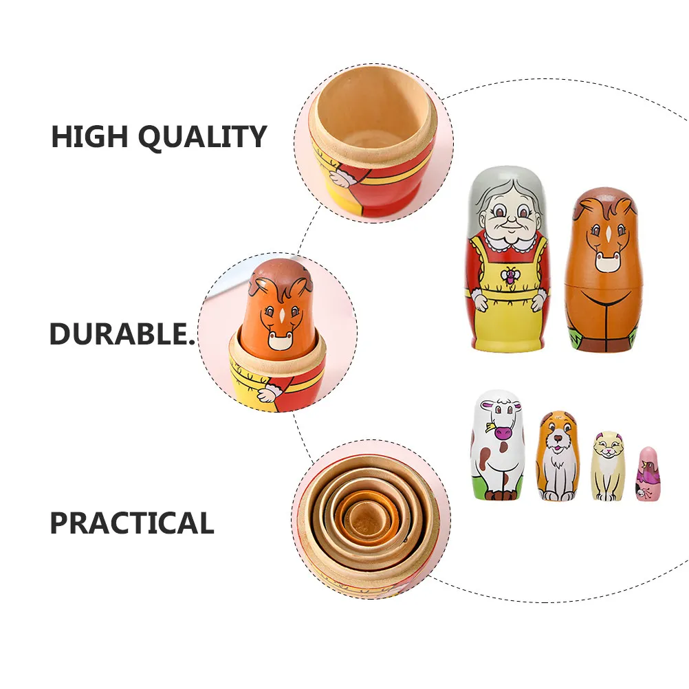 6Pcs Wooden Matryoshka Nesting Set Colorful Hand-Painted Cartoon Russian Grandmother Pattern Decorative Ornament for Kids