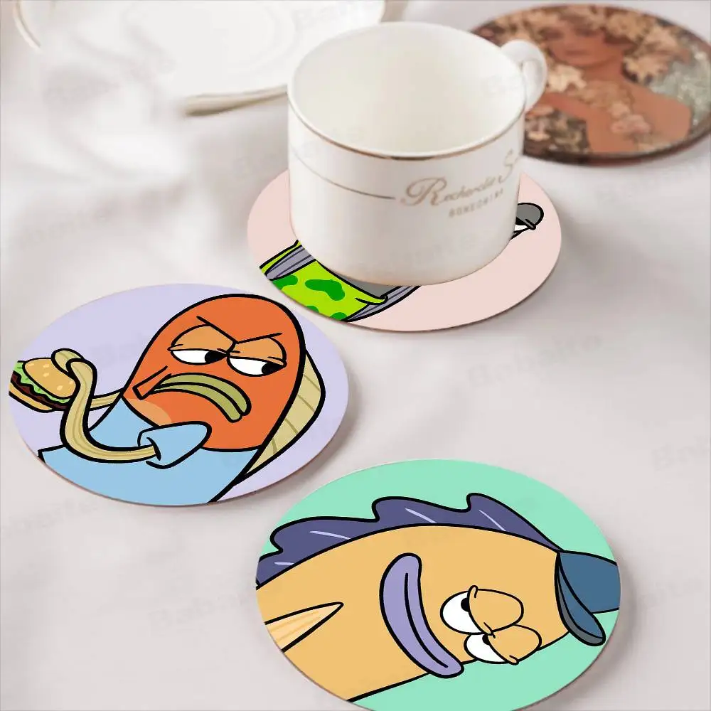 Cartoon Fish Retro Wooden Cup Mats Elements Colour Printing Cup Coasters Home Kitchen Decora Gifts