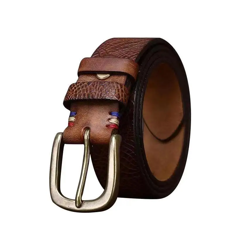 Full Grain Leather 2024 New First Layer Pure Cowhide Copper Buckle Belt Men's Genuine Leather Pin Buckle Retro Mens Belt