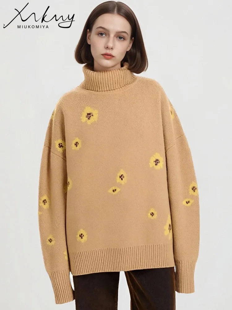 MiuKoMiYa 特大花柄セーター女性のための冬秋ニット暖かいプルオーバー女性ジャンパー女性のセータータートルネック