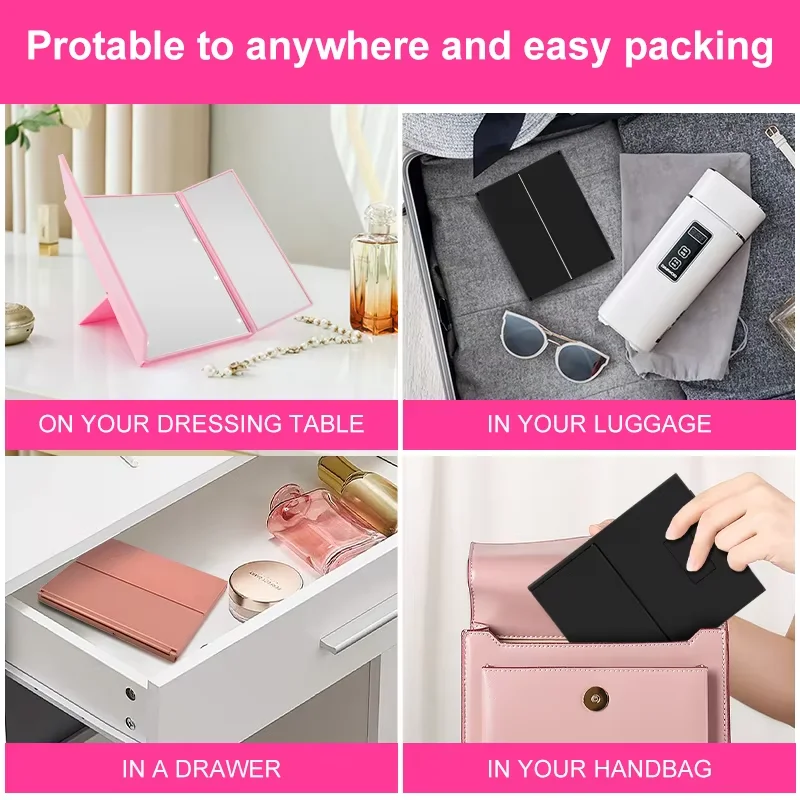 Tragbarer Beleuchteter Make-up-Spiegel 3-fach Klappbar mit Lichtern, LED Mini Reise-Kosmetikspiegel mit Ständer, Geschenke für Frauen – Detail 5