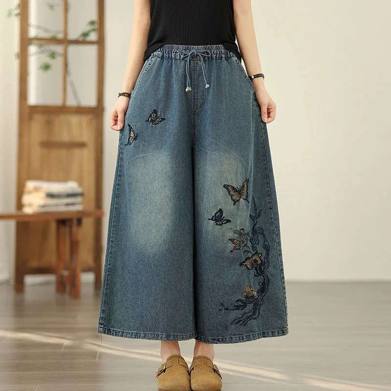 New Chinese Style Literary Retro Ethnic Style Nine-point Pants High-waisted Embroidered Jeans Autumn Denim Wide-leg Pants