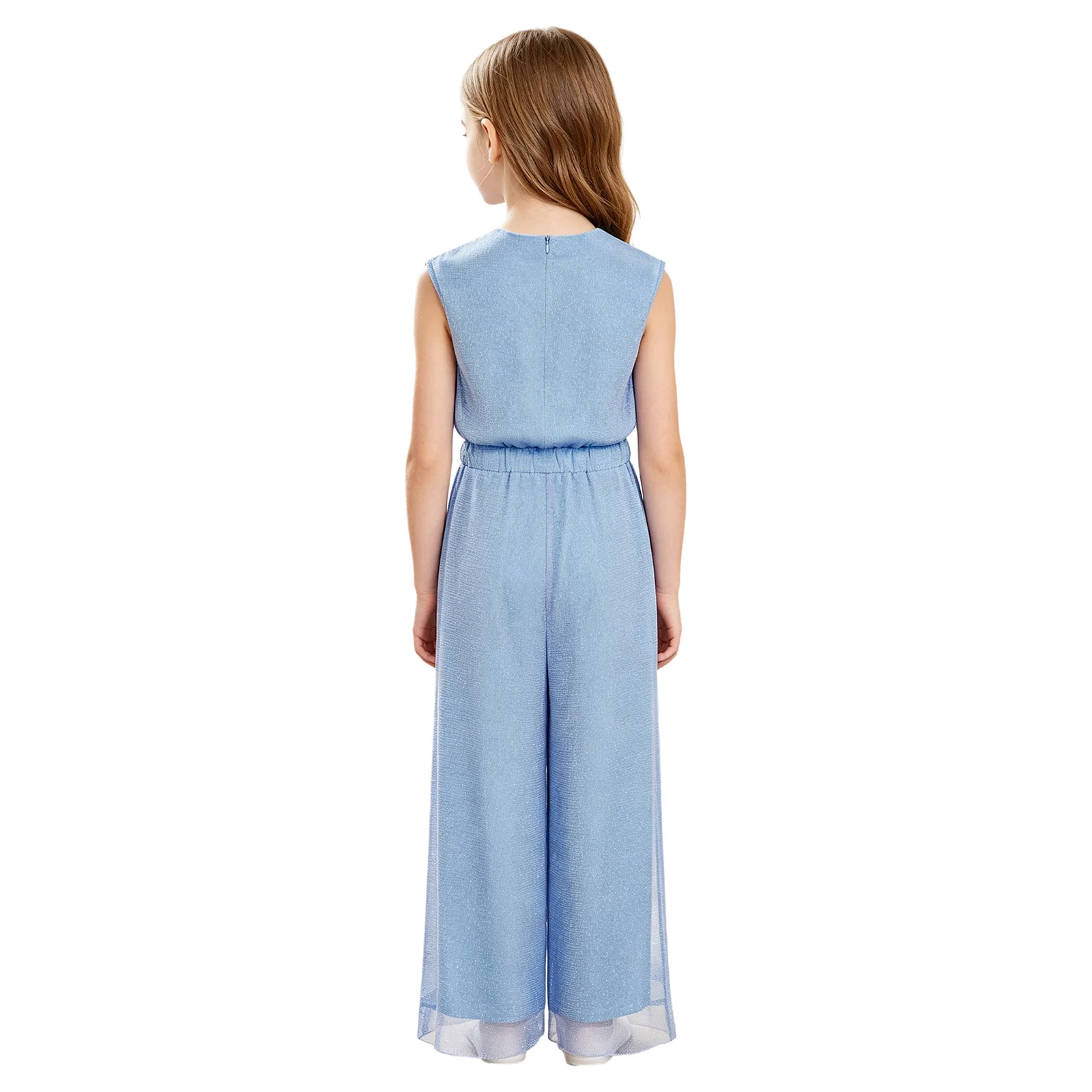 Kids Girls Shimmery Mesh Flowy Wide Leg Jumpsuit Glitter Sleeveless Back Invisible Zipper Elastic Waist Double-layer Romper