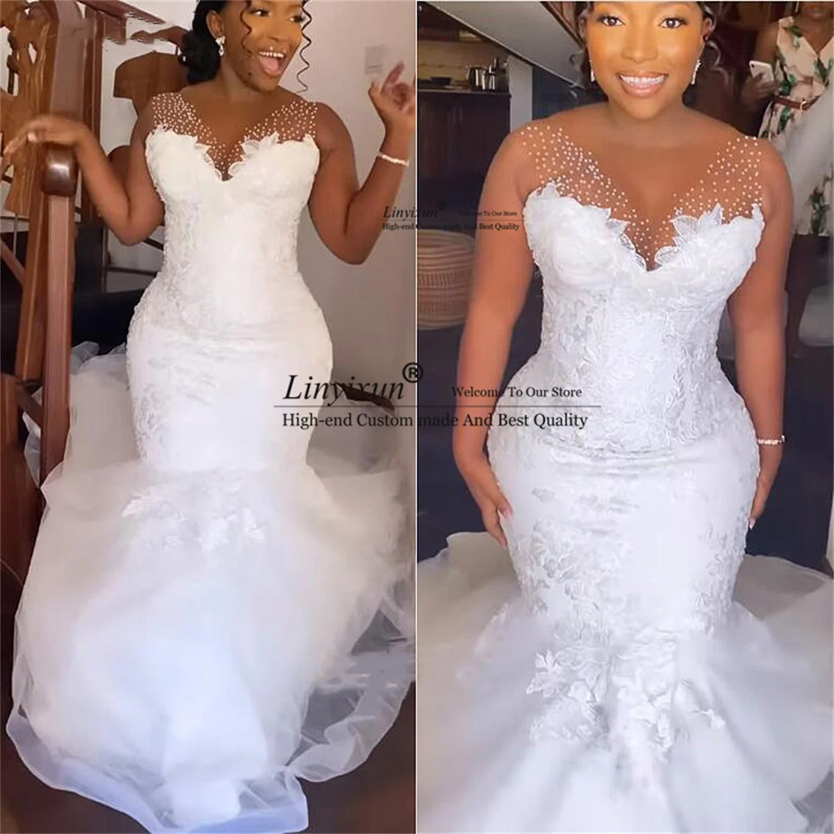 Abito da sposa a sirena personalizzato per le donne 2022 pizzo scollo a V perla trasparente splendido abito da sposa corte dei treni abiti da sposa