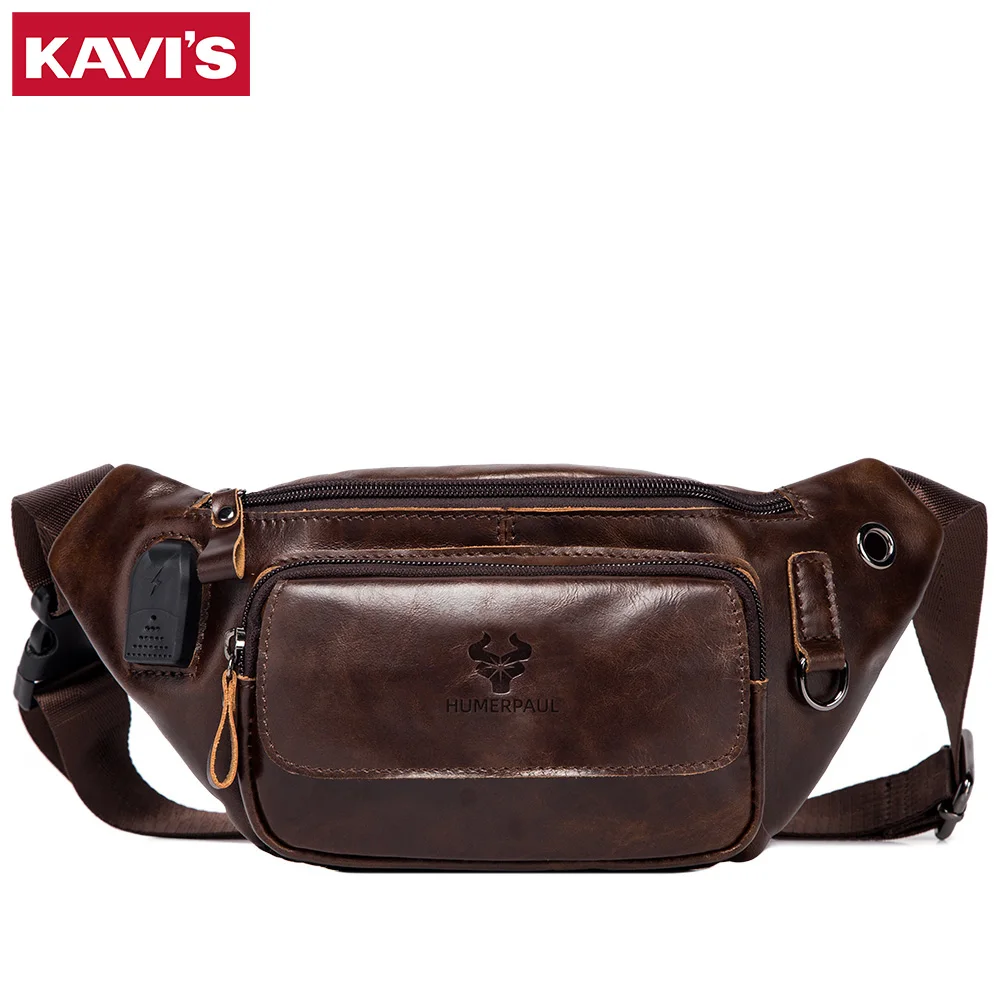 KAVIS 100% Genuine Leather For Men Multifunction Outdoor Fashion USB charging Outdoor Chest Bag Travel Crossbody Bages ﻿