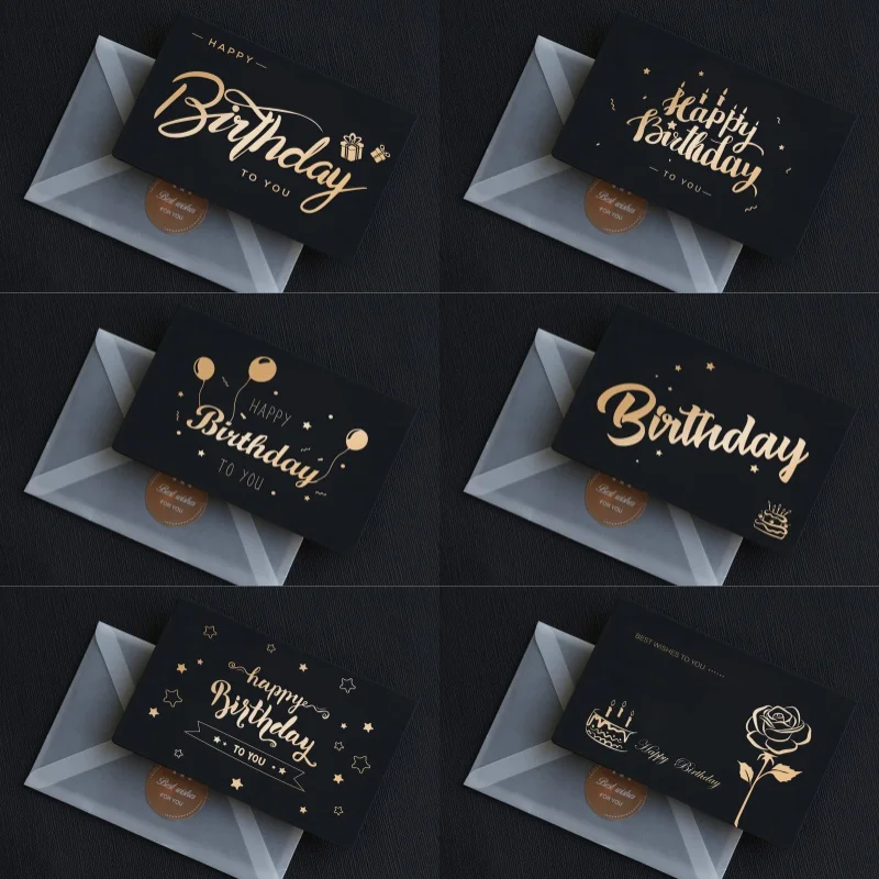 6 pcs Black Bronzing Greeting Birthday Card Invitations Postcard Bronzing Blank Writeable Blessing Card with Envelope Sticker