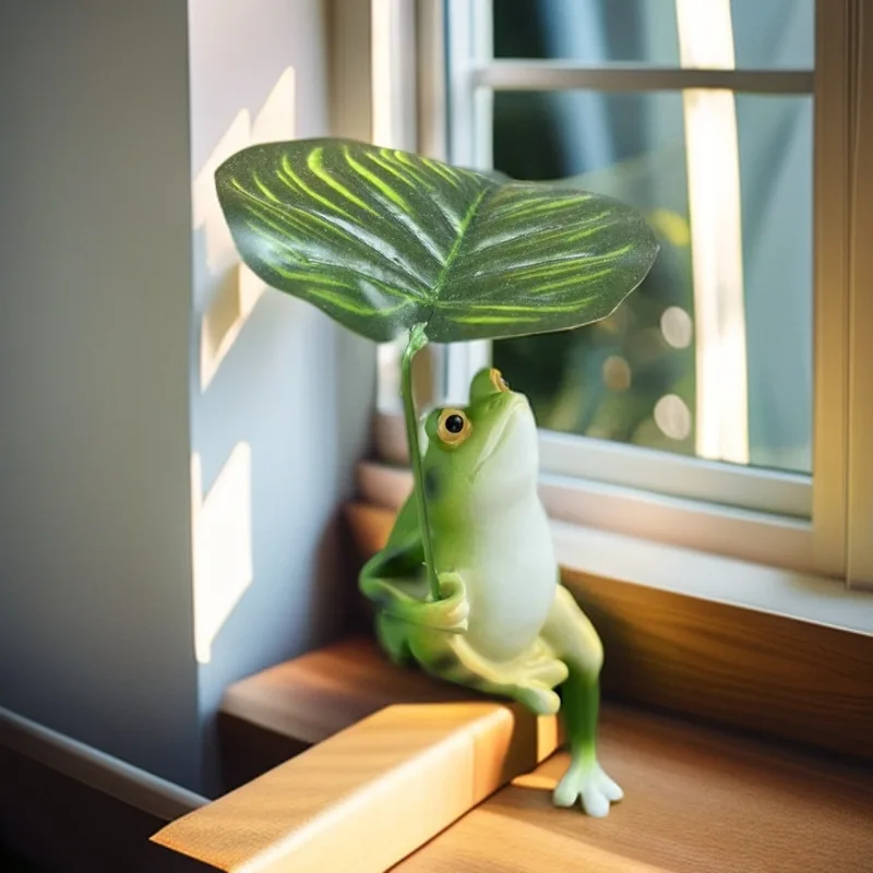 Frog Yard Ornament Waterproof Resin Frog Statue Decor for Garden Patio Mini Frog Figurine Ornament with Leaf Umbrella for Yard