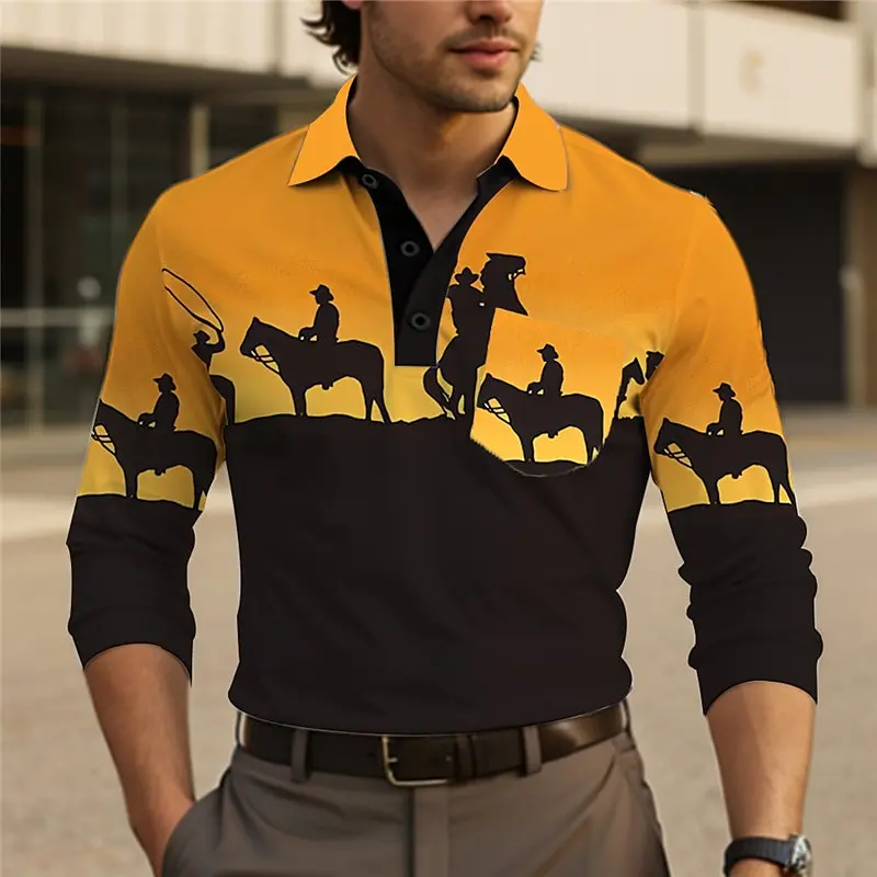 

3D Printed Vintage Cowboy Polo Shirts Autumn Fashion Casual Long Sleeved Tops Loose Breathable Comfortable Classic Men's Clothes