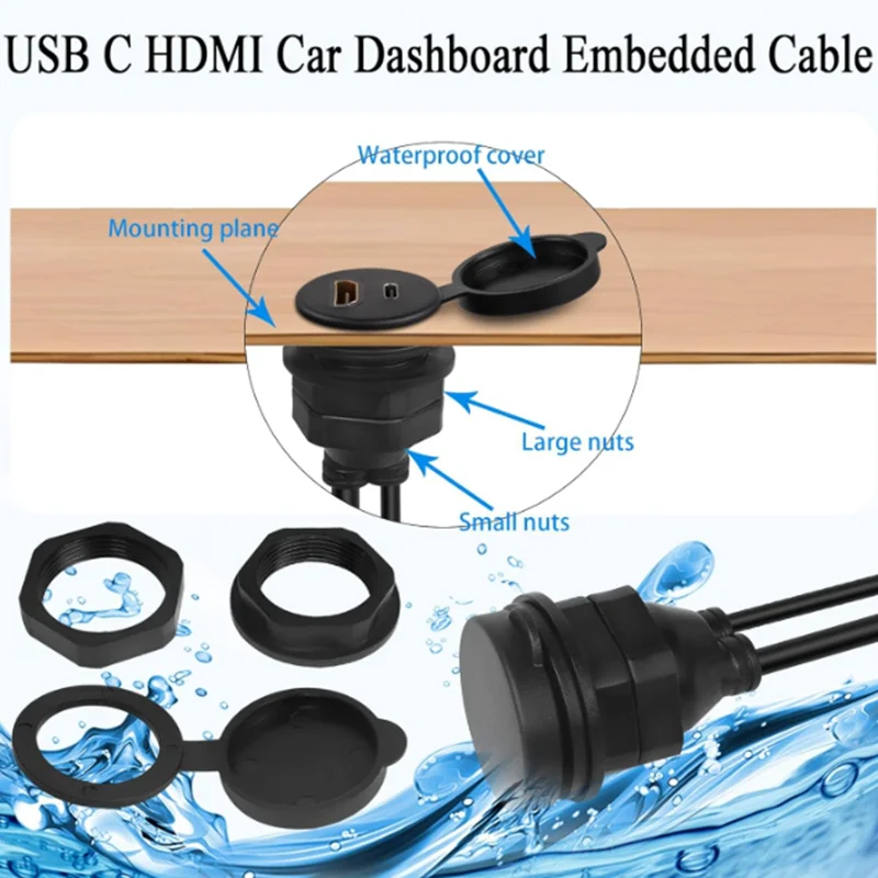 USB C 2.0 Type-C 3.1+HDMI-compatible 1.4 Male to Female Waterproof Panel Mount Extension Cable, 4K@60HZ, for Car, Dashboard, Des