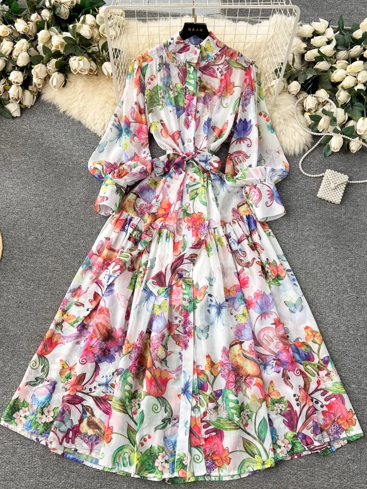 Spring Autumn Bohemian Long Dress Women Silver Silk Print Lotus Leaf Vintage Floral Party Dresses Ladies Holiday Long Robe