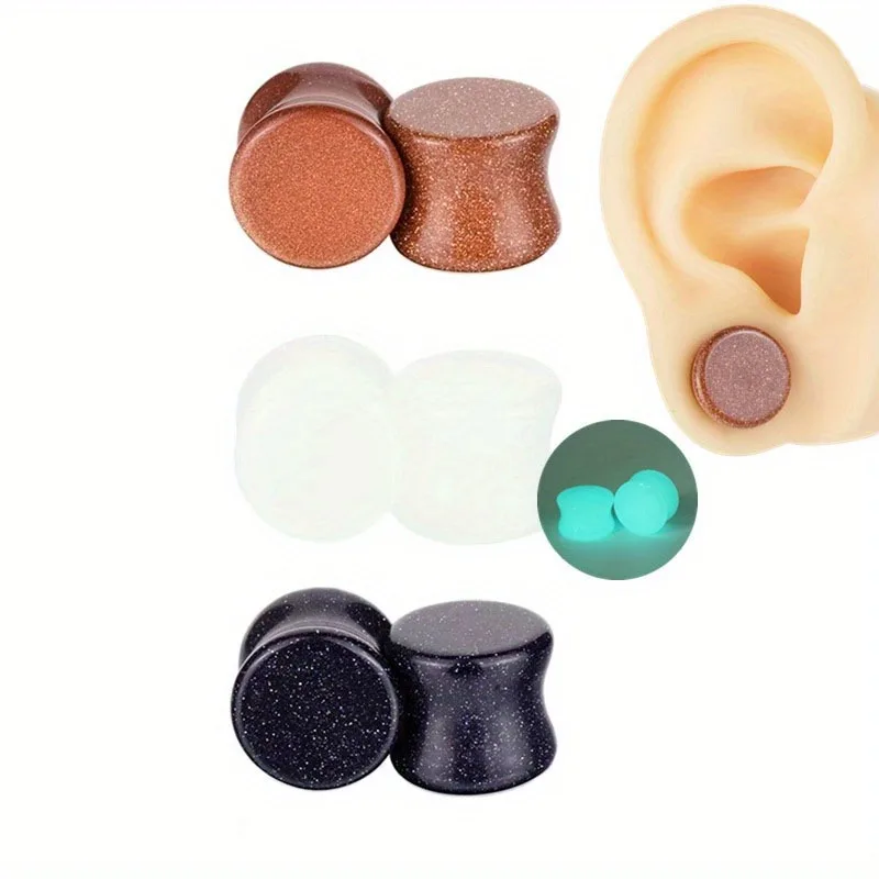 1 Pair Simple 12mm Height Gold Sand Blue Sand Auricle Glow-in-the Dark Stone Ear Expander Piercing Jewelry