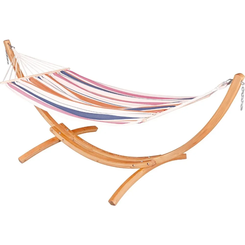 Outdoor Spreader Bar Hammock with Stand Set, Weatherproof Hammock and Certified Sustainable Wood Arc Stand