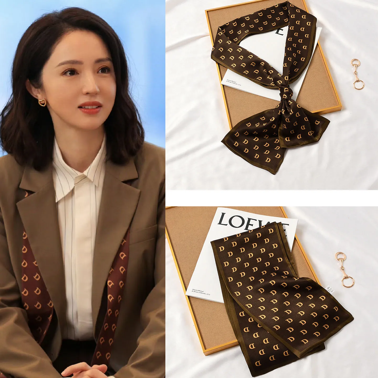 unexpected-encounterのコーヒー色の細長いシルクスカーフ、養蚕シルク韓国風装飾アクセサリー（女性用）