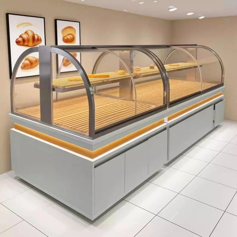 custom.Customizable Glass Wood Bread Display Stand with LED Lighting Varnished Heavy Duty Metal Frame Supermarket Ret view 6