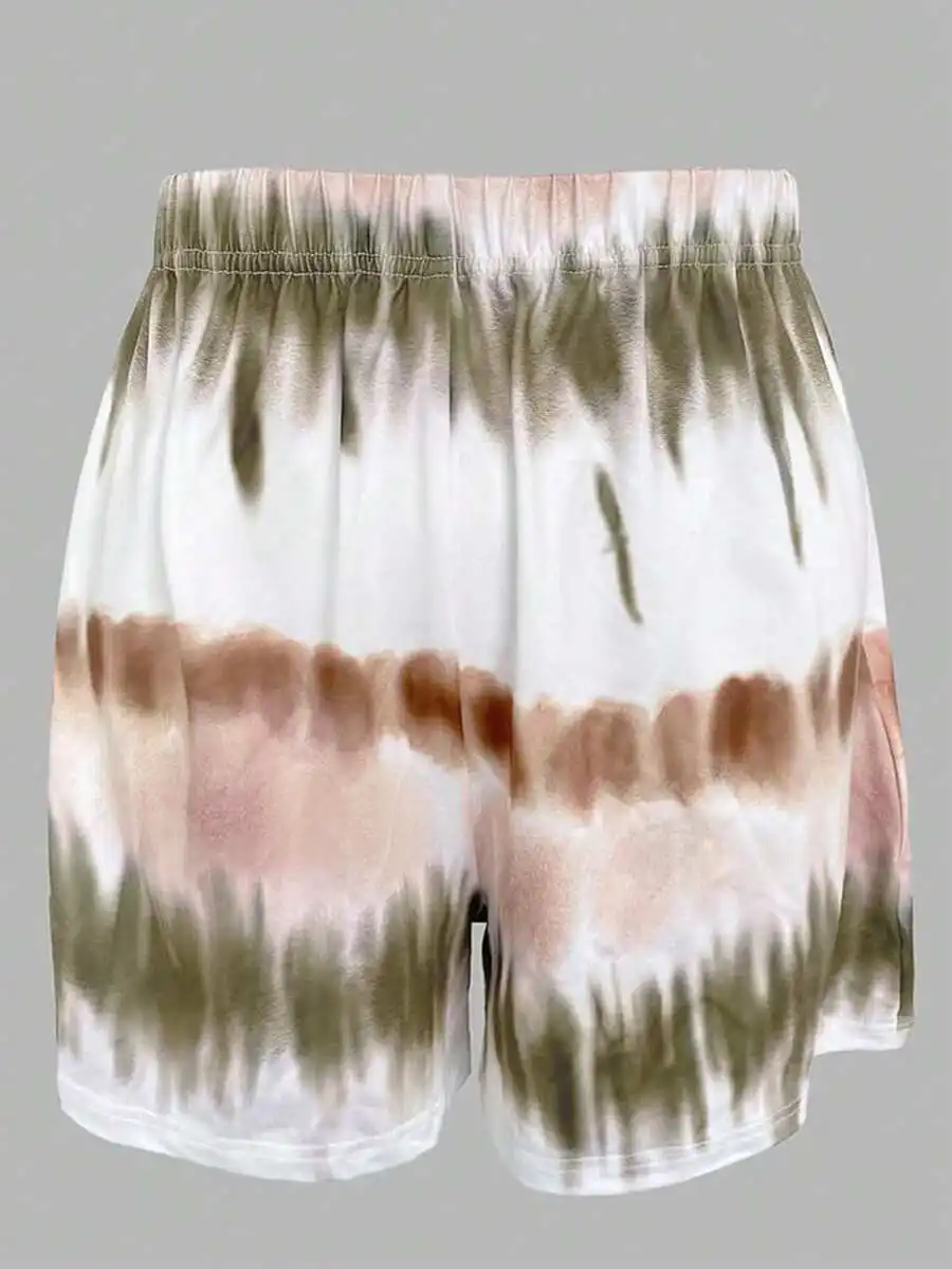 

Womens Tie Dye Pajama Set Short Sleeve Top Elastic Waist Shorts Loungewear