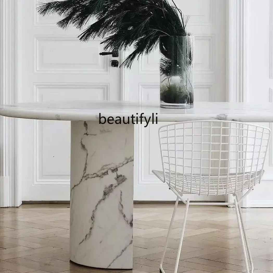 

French retro large white marble Nordic medieval light luxury small apartment designer cream style oval dining tableQ