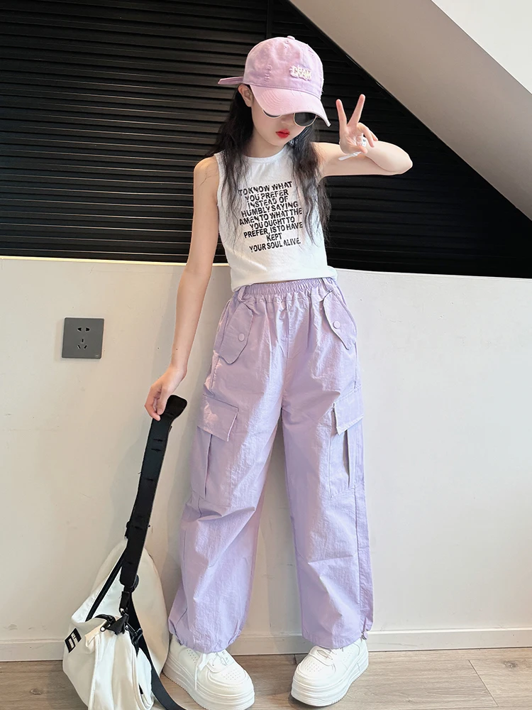 

Girls Wide Leg Pants Teen Casual Trousers New Hot Loose Children's Trousers Wide-leg Pockets Sweatpants Spring & Autumn B43