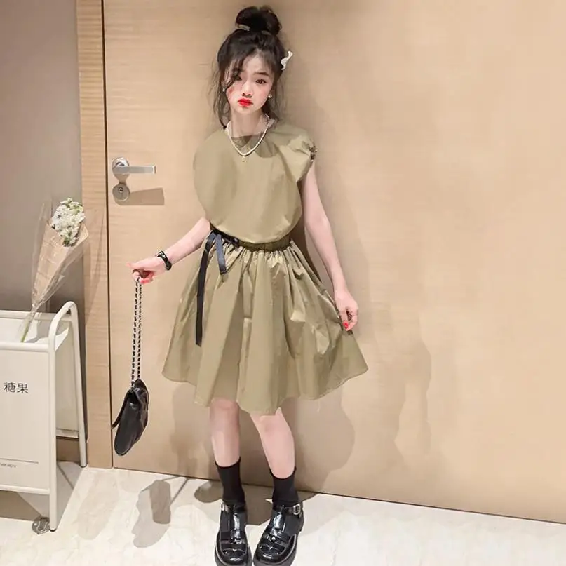 

Girl Short Sleeve Shirts + Skirts 2pcs Sets Summer New Khaki Cotton Clothes Children Loose Casual Clothes Teenage Ssuits Wz1167