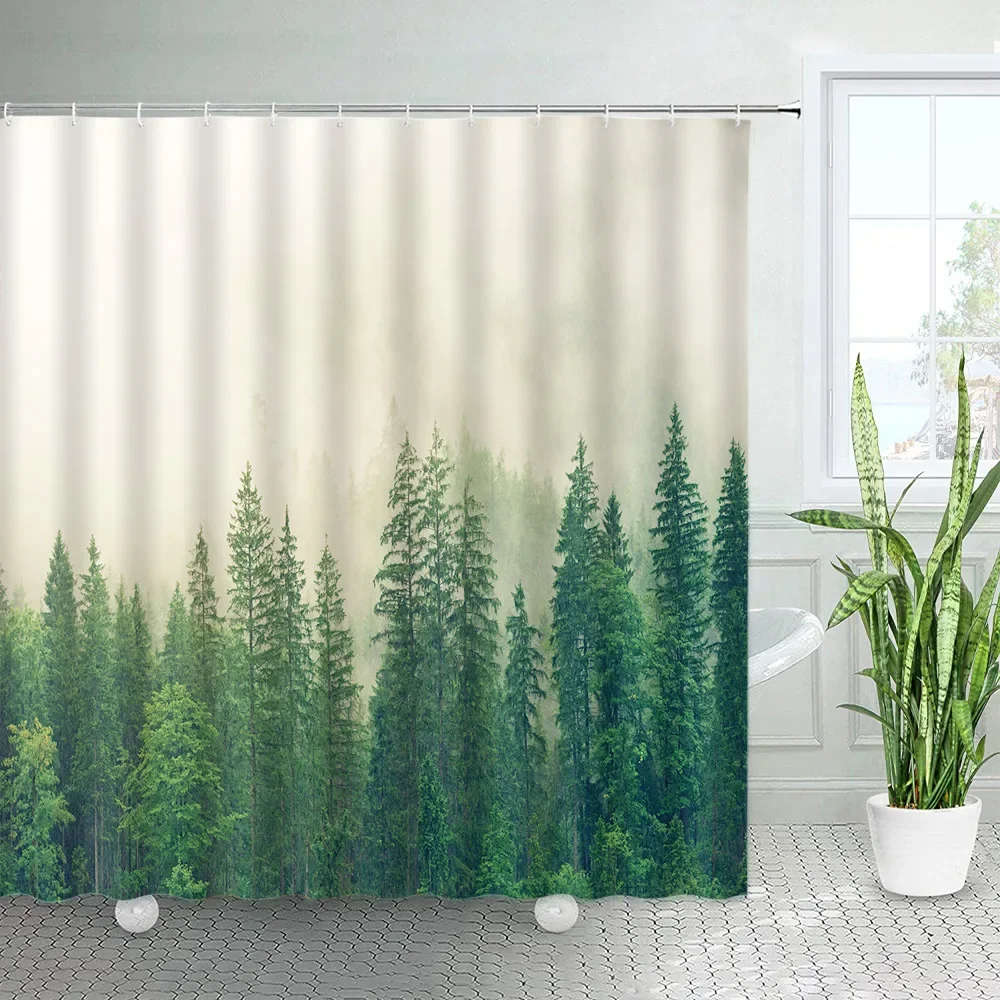 Fog Forest Shower Curtains Mist Pine Trees Natural Landscape Bath Curtain Sets Home Polyester Fabric Bathroom Decor With Hooks