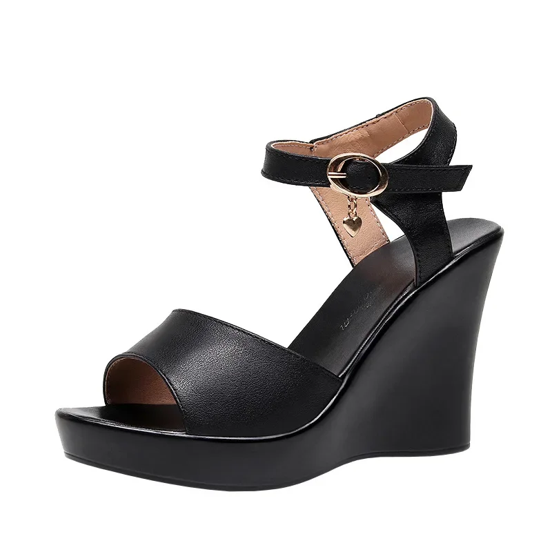 

10CM Genuine Leather Women's Sandals Summer 2025 Platform Rome Wedges Heel Women Shoes Offers Dress Peep Toe Black Size 33-41