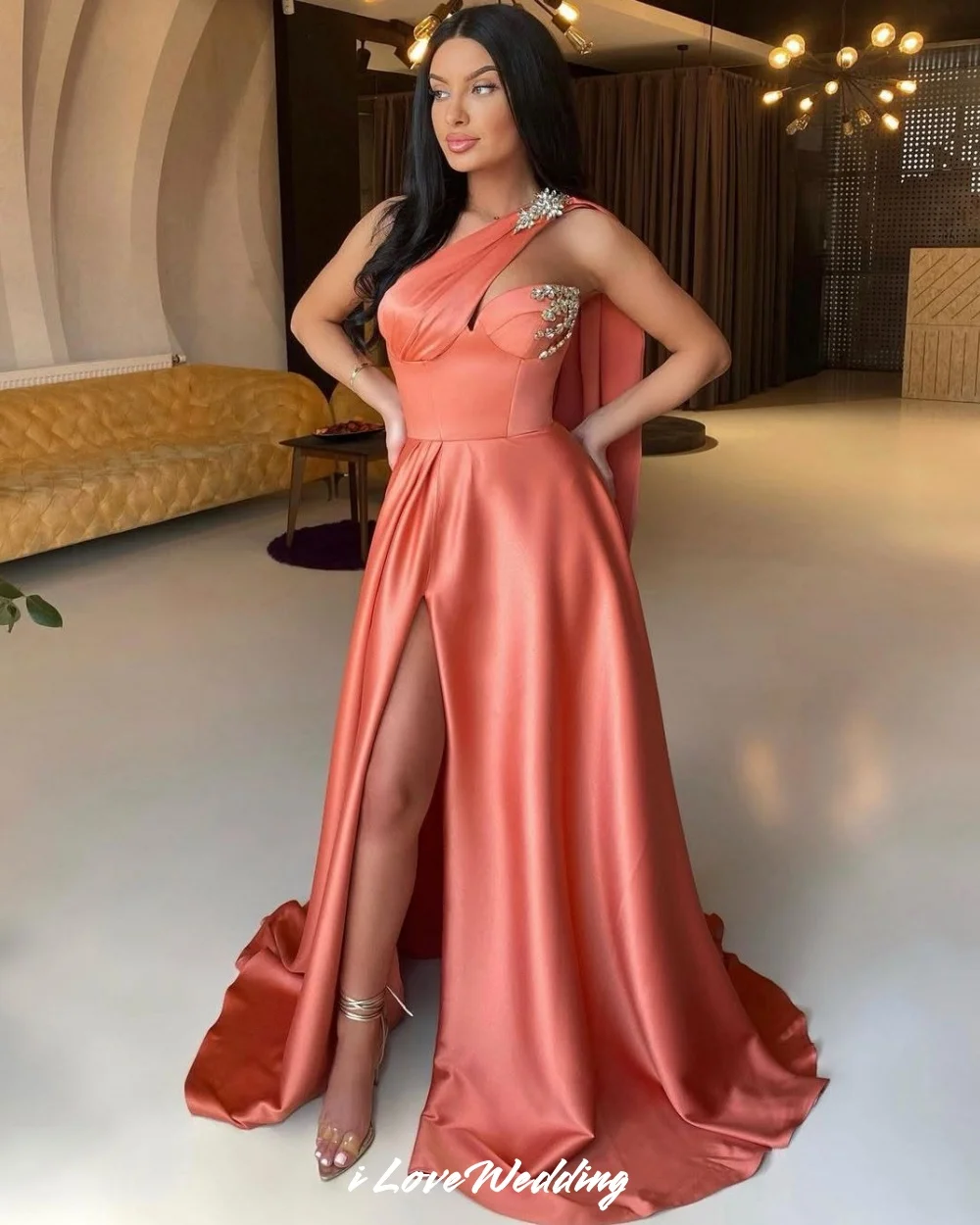 

Orange One Shoulder Evening Dresses 2025 Satin Sweetheart Side Split A-Line Crystal Sweep Train Wedding Party Dress Customized