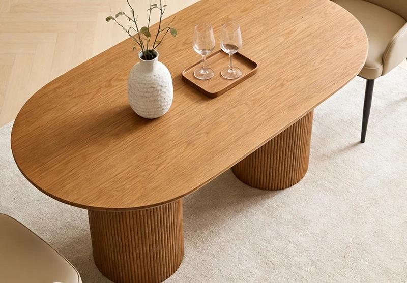 Modern minimalist oval solid wood dining table walnut Roman column striped household large board table