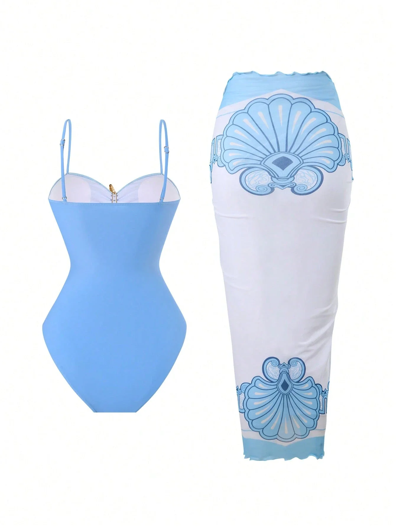 

Light Blue One-Piece Swimsuit With Adjustable Straps, Shell Print Maxi Skirt, Tummy Control And Ruched Detail For Beach Holiday