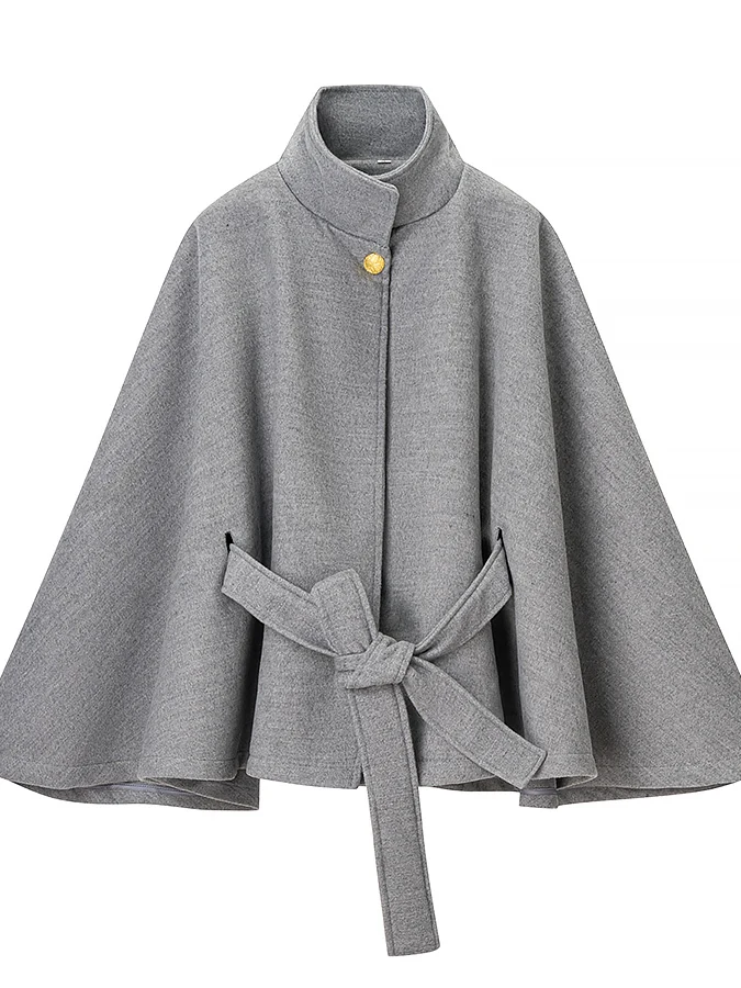 Elegant Short Woolen Coat Women's Fashionable Cowl Neck Bell Sleeve Suit Simple Style Warm Polyester Fiber Nine Points Sleeve