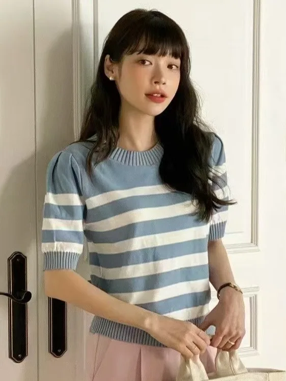 

Summer Fre Striped ort Sve Knitted Women's Slim Fit round Ne Top Chic Agel Commute Sle Regular Length