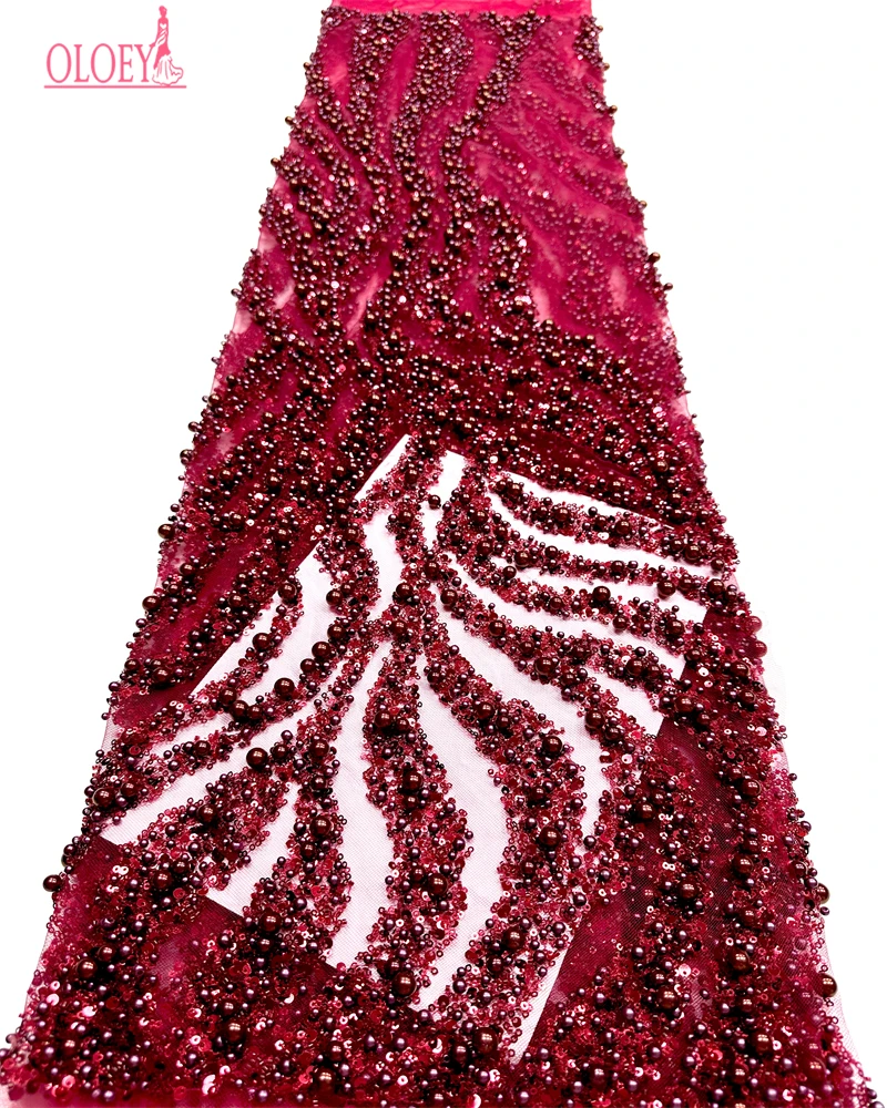 OLOEY African Sequins Lace Fabric Beaded French Net Tulle High-Quality Pearls Sewing 2026