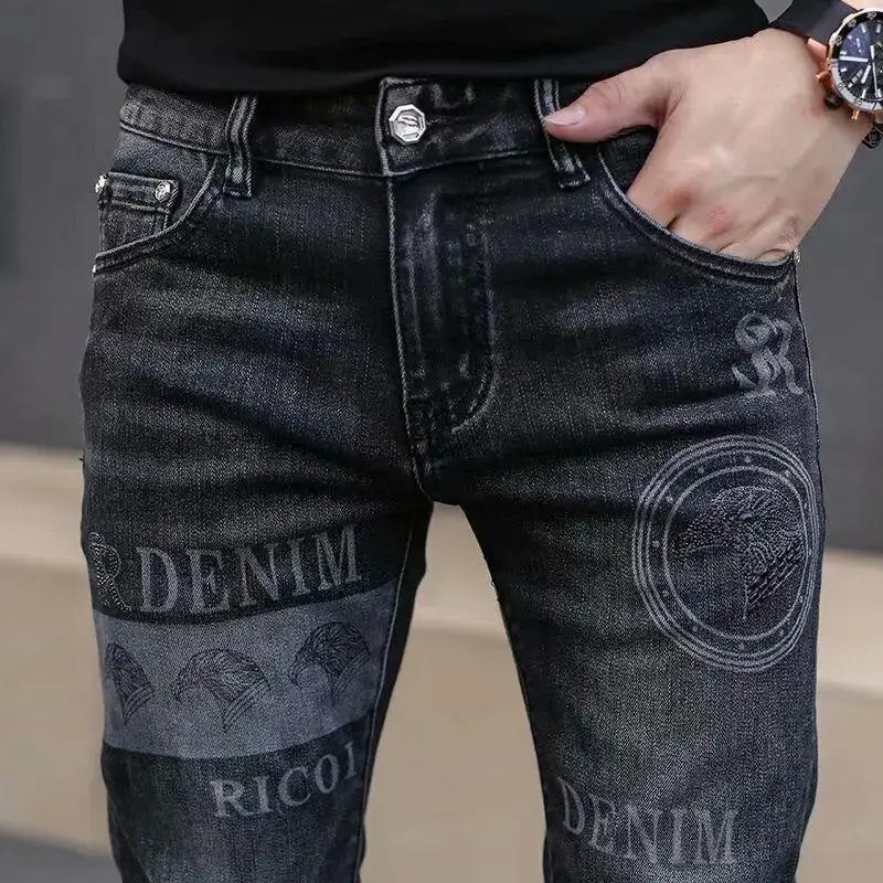 High End Stylish Classic Distinctive Printed Black Stretch Denim Jeans for Men High Quality Slim Fit Stretch Luxury Denim Pants - Image 4