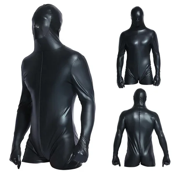 Super Cool Sexy Men Black Patent Leather Jumpsuit Vinyl Latex Bondage Catsuit Wetlook Leotard Bodysuit Bodysuit For Men 6736