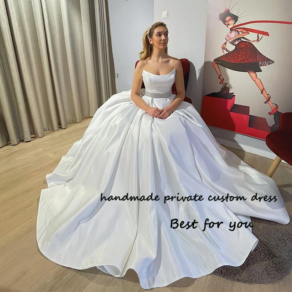 

White Satin Wedding Dresses for Bride Strapless A Line Beach Bridal Gowns with Train Long Simple Civil Bride Dress 2024