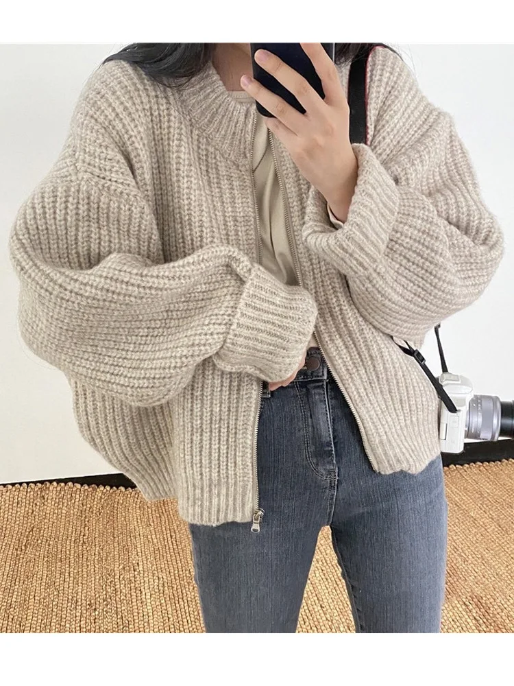 

New Fashion Zipper Knitted Sweater Cardigan Women Autumn Long Sleeve Loose Women's Sweater Coat Casual Chic Winter Clothes