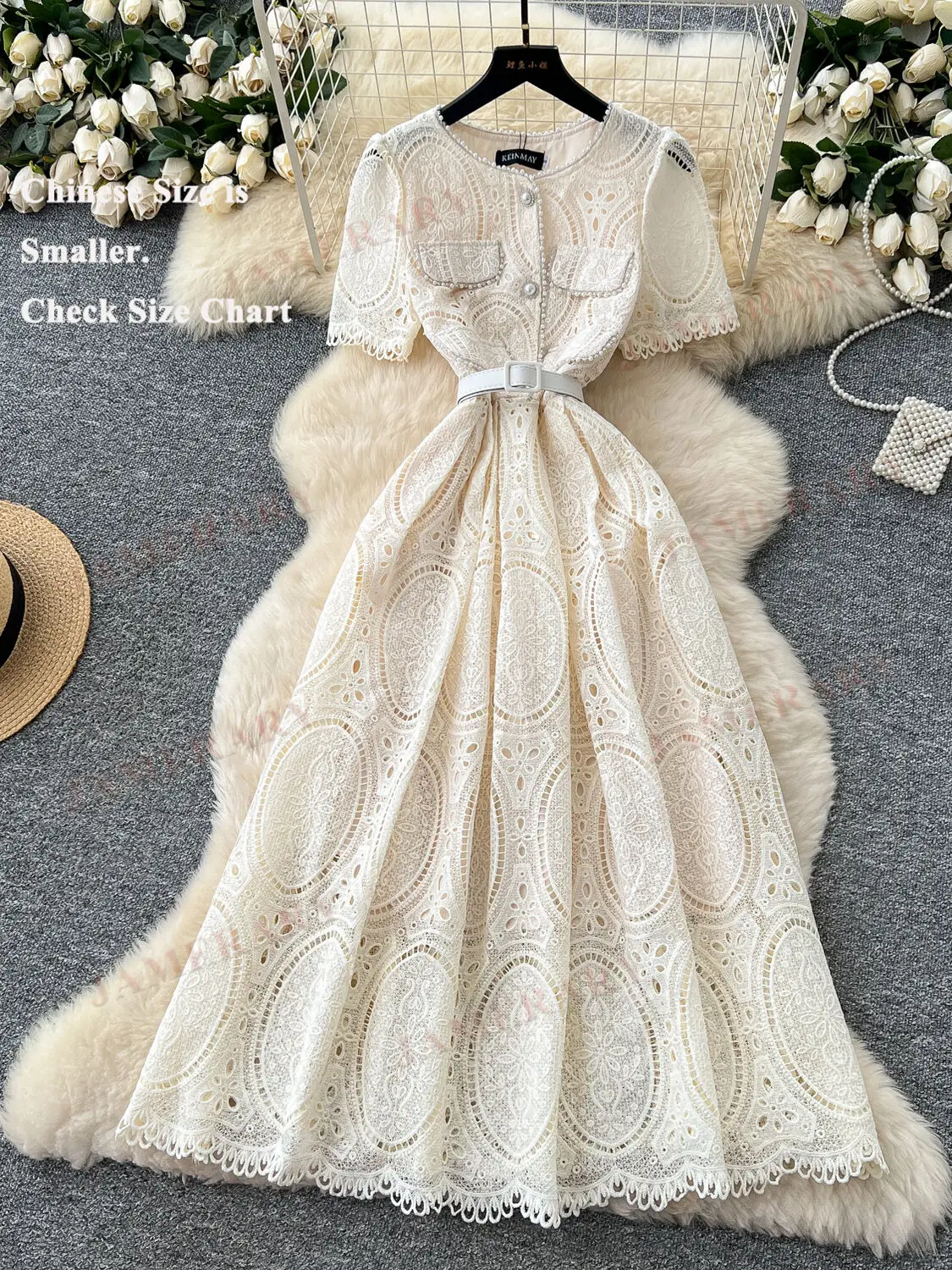 ฤดูร้อนเย็บปักถักร้อยลูกไม้ชุดยาวผู้หญิงแขนสั้นถักโครเชต์สายเพิร์ลคอชุดราตรี Midi ชุดพรรค Vestidos