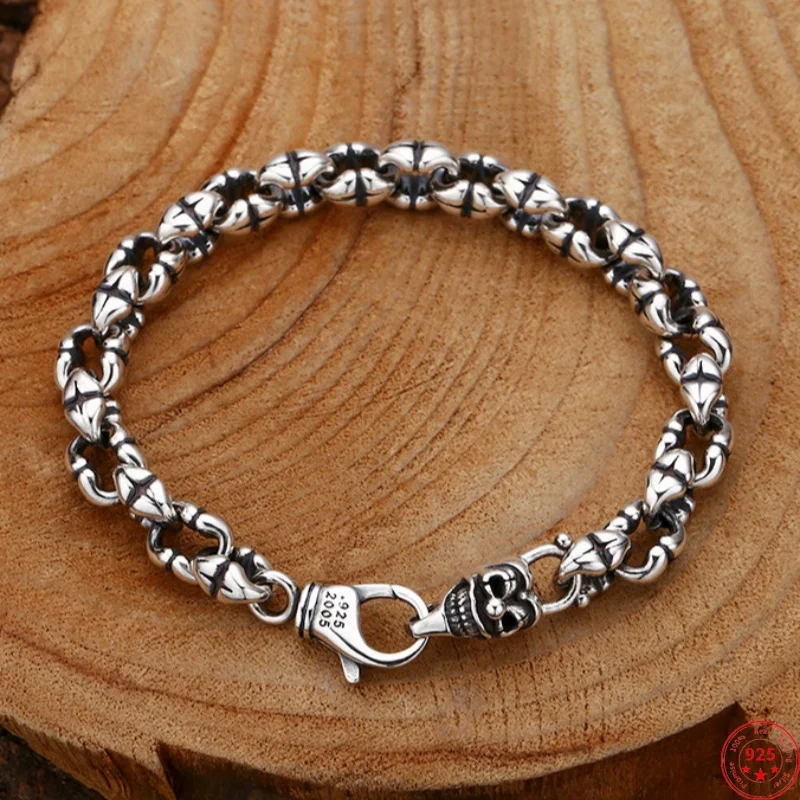 

S925 Sterling Silver Bracelets for Women Men New Fashion Ancient Pattern 7mm Bamboo-chain Punk Skull-jewelry Wholesale