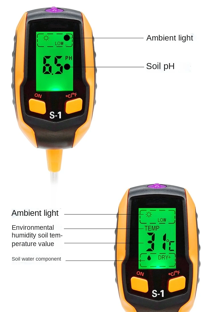 LCD 4 in 1 Soil pH Sunshine Temperature Moisture Meter Garden Plant Soil Tester