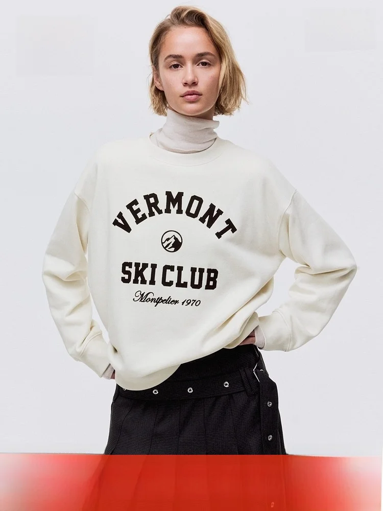 เสื้อสเวตเตอร์ผู้หญิง H&M ลำลอง สีแดง ลายพิมพ์ อเมริกัน สไตล์สวมหัว สำหรับฤดูหนาว ผ้าคอตตอนผสมโพลีเอสเตอร์ ใส่สบาย