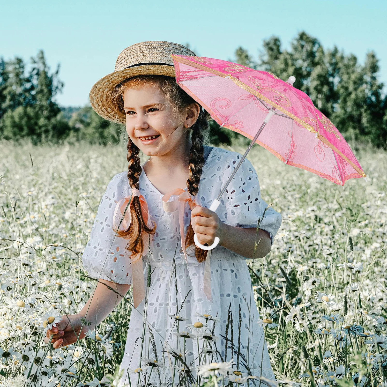 

Kids Dance Umbrella Elegant Lace Fabric Folding Umbrella Decorative Performance Photography Prop Lightweight Portable